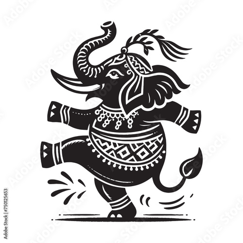 Cute dancing Indian elephant. Wearing jewelry and feathers on his head. Old vintage engraving illustration. Hand drawn black graphic. Logo, emblem, icon. Isolated object, cut out. black and white