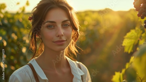 A young woman's serene smile captured at golden hour in the lush rows of a vineyard.