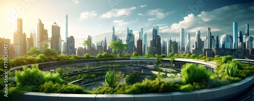 Futuristic Urban Skyline: Green Rooftop Gardens and Balconies. Concept Green Living, Urban Development, Sustainable Architecture, Future Cityscape, Eco-Friendly Design