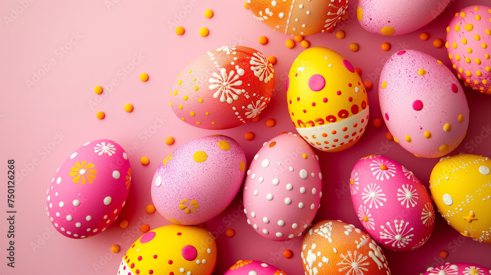Colorful Easter eggs on a pink background