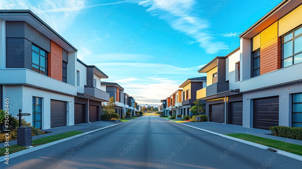 A street view of a modern suburban neighborhood with stylish houses, clear blue sky, and clean pavement A street view of a modern suburban neighborhood with stylish houses, clear blue sky, and clean pavement