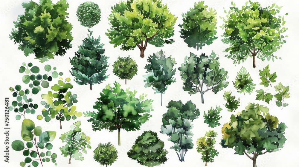 Fototapeta premium Top View Watercolor Illustration of Green Landscape Design Generative AI
