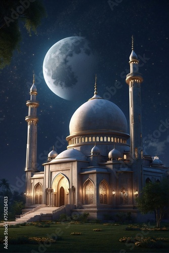 Mosque at Night with Crescent Moon in the Sky, Magnificent Domes and Arches