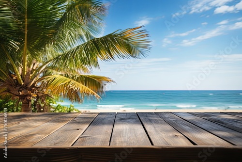 Top of wood table with palm tree leaves sea and sky background with summer holiday vacation and sunny tropical beach