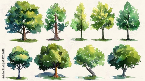 Hand Drawn Architectural Tree Illustrations in Watercolor Style Generative AI photo