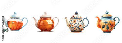 Tea pot, beverage service, tea time clipart vector illustration set photo