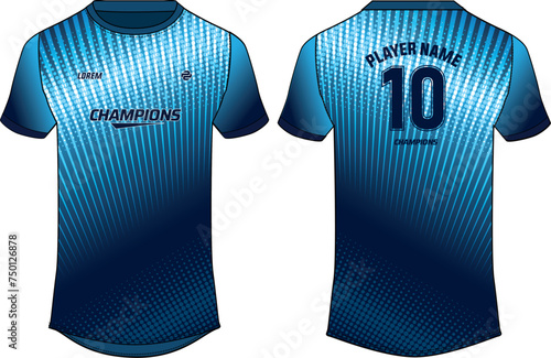 Sports jersey t shirt design flat sketch illustration, Halftone Stripe printed Round neck football jersey concept with front and back view for Cricket, soccer, Volleyball and badminton uniform kit