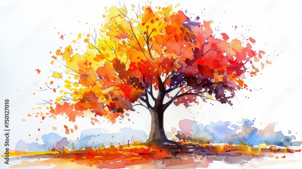Watercolor Autumn Tree in Vibrant Colors Generative AI