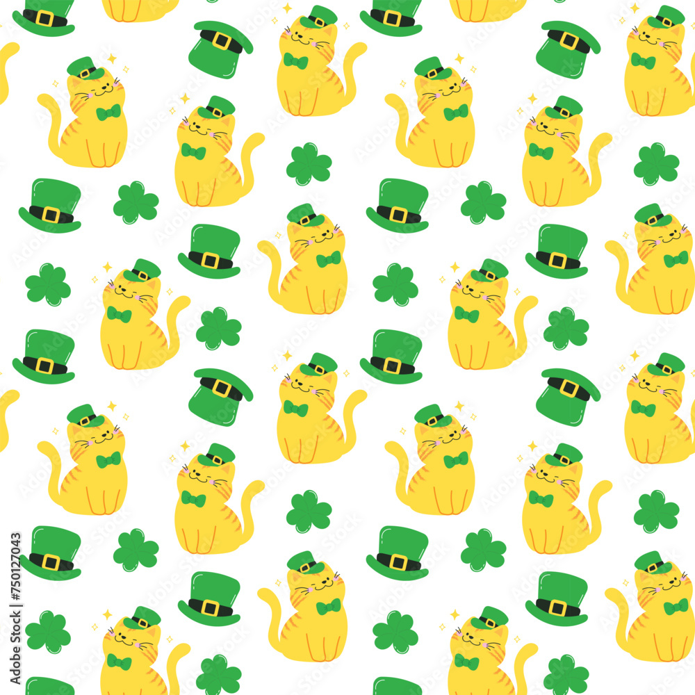 Naklejka premium Happy St.Patrick's day seamless pattern background vector. Lucky symbol tile wallpaper of cat, hat, shamrock, green clover leaf in pattern. Holiday illustration for fabric, packaging.