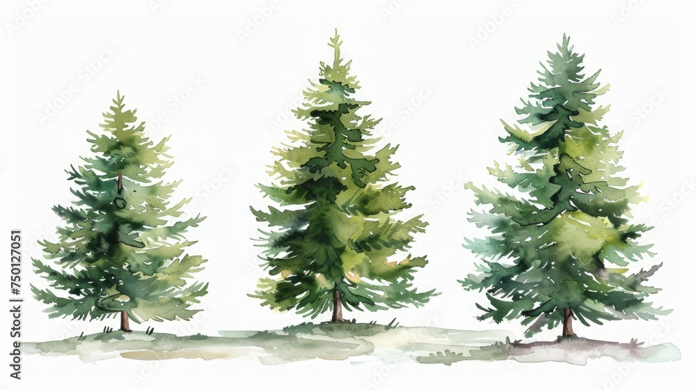 Watercolor Illustration of Green Christmas Trees and Holiday Spruce Generative AI