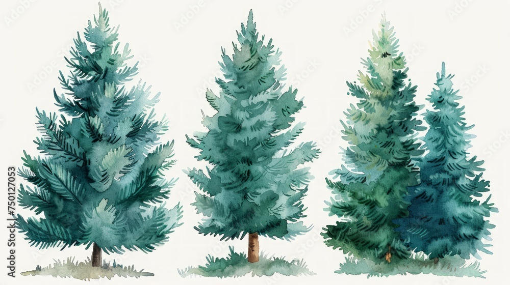Watercolor Illustration of Green Christmas Trees and Holiday Spruce Generative AI