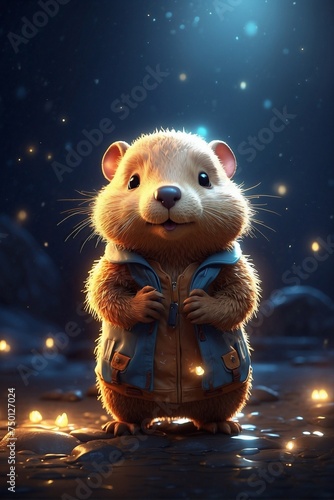 Magical Baby Beaver with a Glowing Golden Aura in the Dark Silence