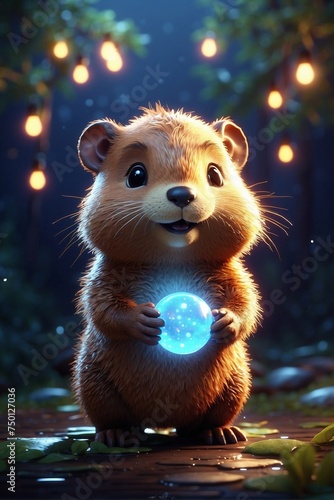 Magical Baby Beaver with a Glowing Golden Aura in the Dark Silence