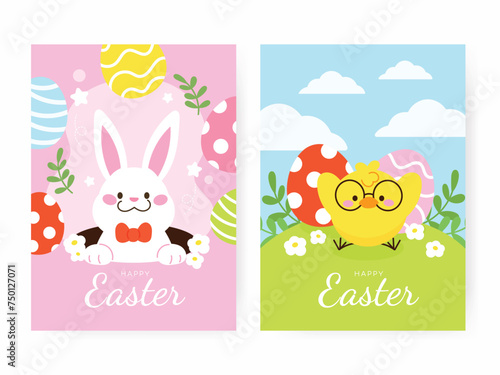 Happy Easter hand drawn card background vector. Cute cover set of yellow chick, white rabbit, easter eggs, bunny, flower, leaf. Spring holiday illustration for banner, greeting card, flyer.