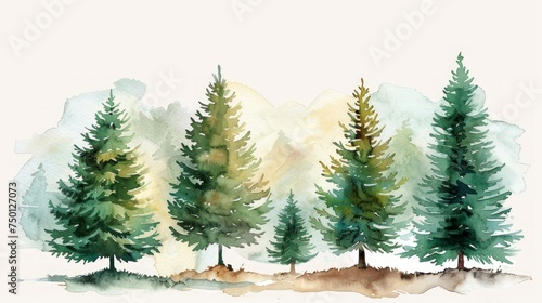 Watercolor Illustration of Green Christmas Trees and Holiday Spruce Generative AI © Alex