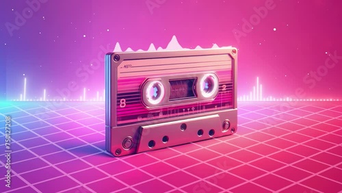 Vizual of a retro-style audio cassette player in a 3D vintage background with audio waves and an equalizer photo