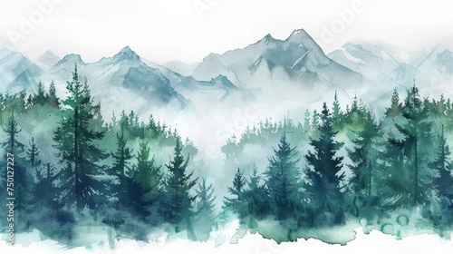 Tranquil Watercolor Scene with Forest  Mountain  and Deer Generative AI