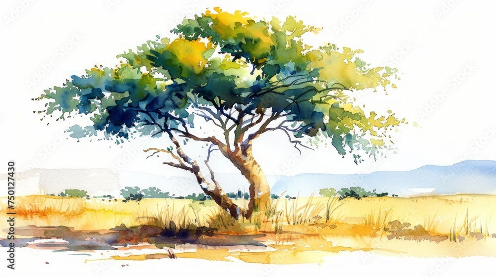 African Savannah Tree Watercolor Illustration Generative AI - obrazy, fototapety, plakaty 
