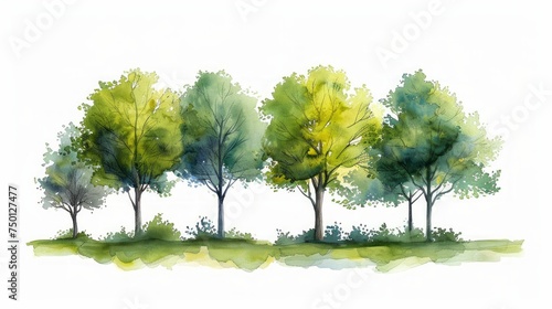 Watercolor Scene: Group of Trees and Bushes in a Park Generative AI