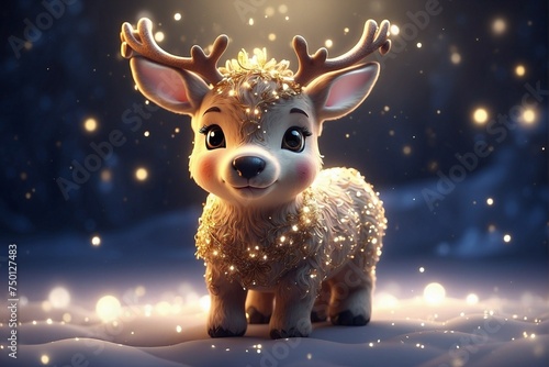 Magical Northern Fawn with a Glowing Golden Aura in the Dark Snowy Forest
