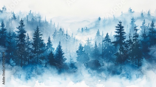 Misty Evergreen Forest Hill in Frozen Taiga Generative AI