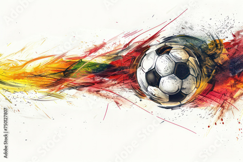 Flying soccer ball with the color splashes with the black, red and yellow Germany flag colors isolated on white background. Concept of 2024 UEFA European Football Championship, UEFA Euro 2024. photo