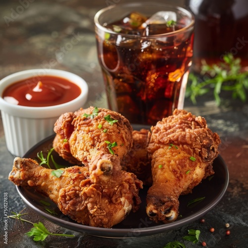fried chicken leg pieces with ketchup and a glass of chilled cola
