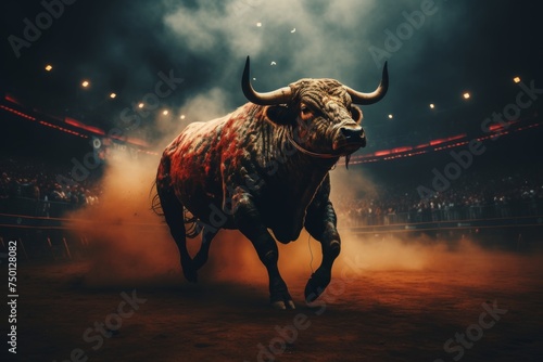 Intense bull charging at matador in vibrant bullfighting arena with energetic spectators photo