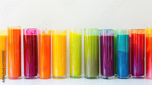 Rows of tall glass smoothie cups in all colors of the rainbow against a clean white background