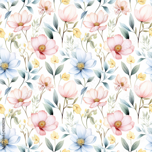 White Background With Pink and Blue Flowers