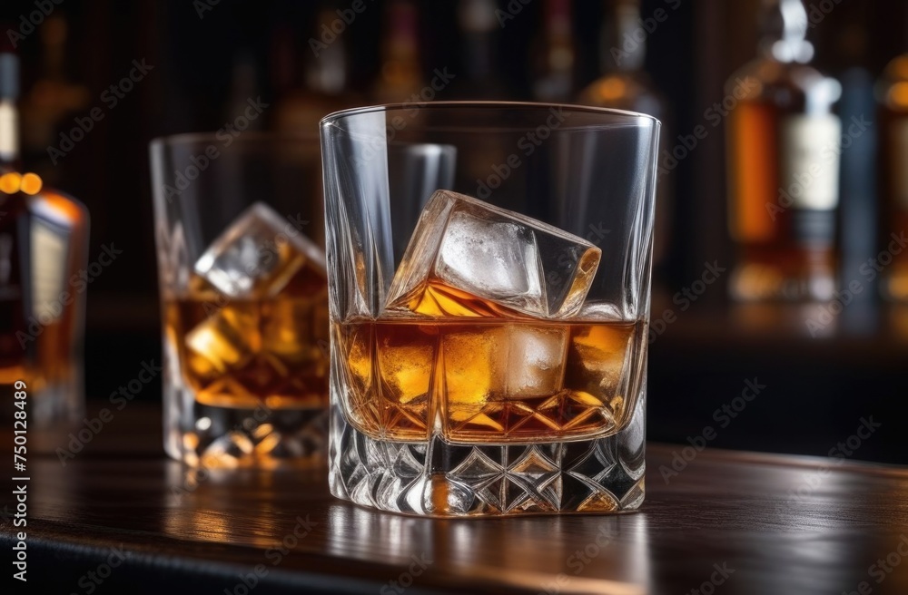 Glasses of whiskey with ice cubes in them on top of bar table next to a bottle, perfectly chilled and ready to enjoy. Night club background decoration mock up, bar drinking menu, advertising, banner.