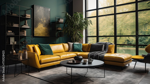 A modern living room with a stunning color palette of black, green, and yellow © Textures & Patterns
