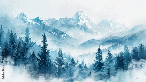Solitary Pine Tree in Winter Mountain Forest with Clouds Watercolor Painting Generative AI