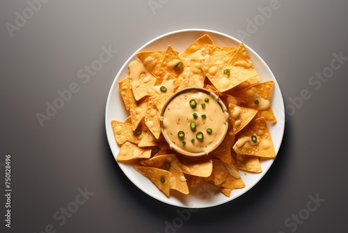 Nachos chips with cheese sauce in a bowl on a gray stone background