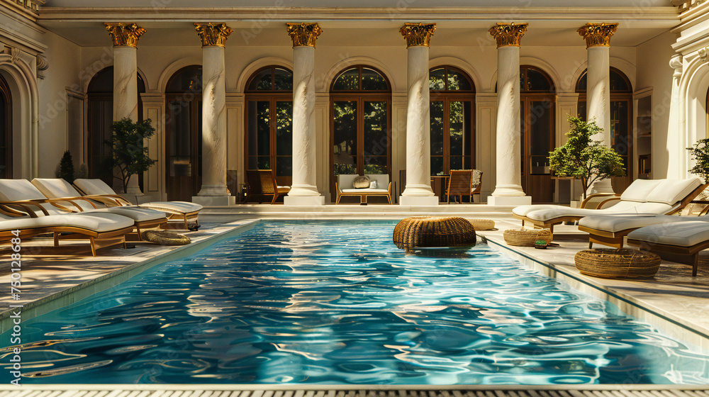 Luxurious Resort Pool with Roman Columns and Turquoise Waters, Serene Vacation Spa for Ultimate Relaxation, Stone Floor and Ornate Fountain Design.