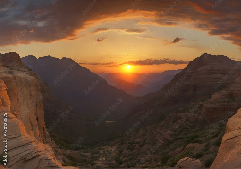 Fiery orange sun dips below jagged mountain silhouettes in a breathtaking twilight landscape