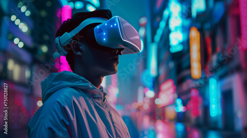 Urban Explorer with VR Headset Experiencing Virtual City Tour photo
