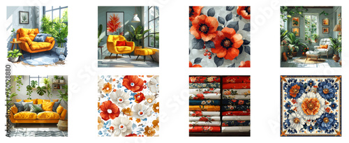 Textile, home fabric, interior styling clipart vector illustration set