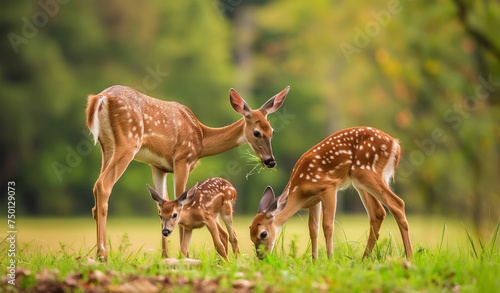 Deer family eating in the forest. Generative AI