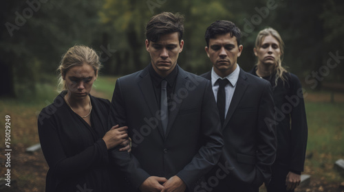 Grief and sorrow after loss. Family mourns at funeral in cemetery photo