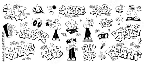 Graffiti hip hop style rap music signs and characters doodles vector collection
