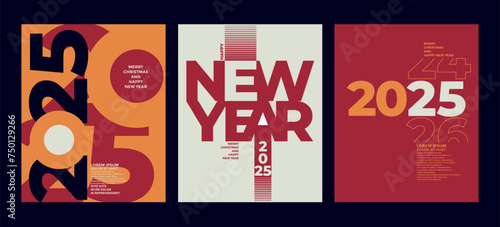 2025 colorful set of Happy New Year posters. Abstract design typography logo 2025 for vector celebration and season decoration  backgrounds  branding  banner  cover  card and or social media template.
