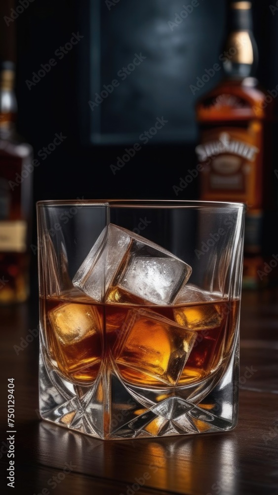 Glasses of whiskey with ice cubes in them on top of bar table next to a bottle, perfectly chilled and ready to enjoy. Night club background decoration mock up, bar drinking menu, advertising, banner.