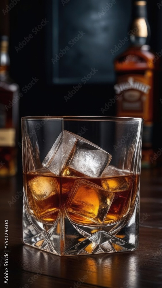Glasses of whiskey with ice cubes in them on top of bar table next to a bottle, perfectly chilled and ready to enjoy. Night club background decoration mock up, bar drinking menu, advertising, banner. Glasses of whiskey with ice cubes in them on top of bar table next to a bottle, perfectly chilled and ready to enjoy. Night club background decoration mock up, bar drinking menu, advertising, banner.