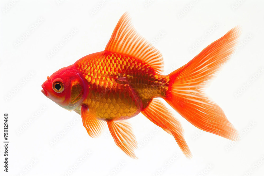 A delightful red fish swimming gracefully against a pristine white background
