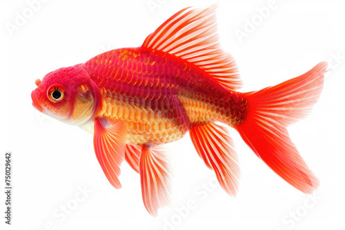 A delightful red fish swimming gracefully against a pristine white background