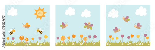 Set of nature landscape background with cute sun, bees, butterflies, mushrooms, flowers, grass and clouds. Childish vector illustration.