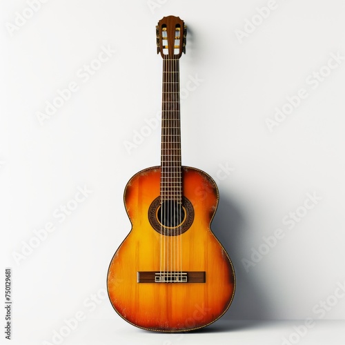 Classic wooden acoustic guitar isolated against a white background, Concept of music, creativity, and classical melody
