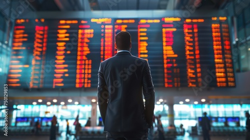 man with a business suit looking at a flight information board in a crowded airport terminal photo