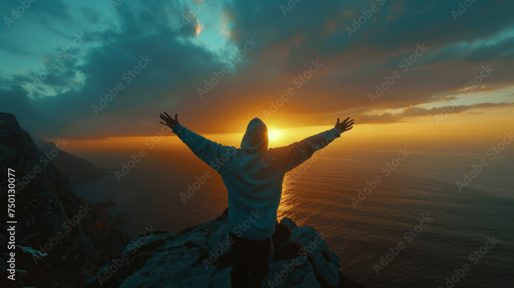 a person standing with outstretched arms against a stunning sunset backdrop, which conveys a sense of freedom, peace, or achievement.